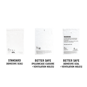 Diagram comparing three Better Packaging compostable poly garment bag with different seals and safety messaging