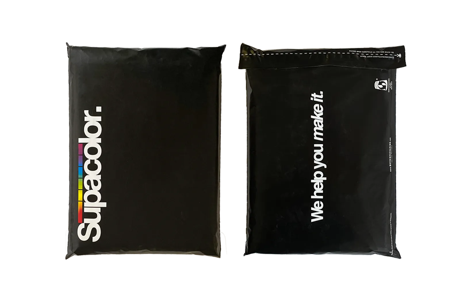 Two black envelopes with 'Supacolor' and 'we help you make it' text on a white background