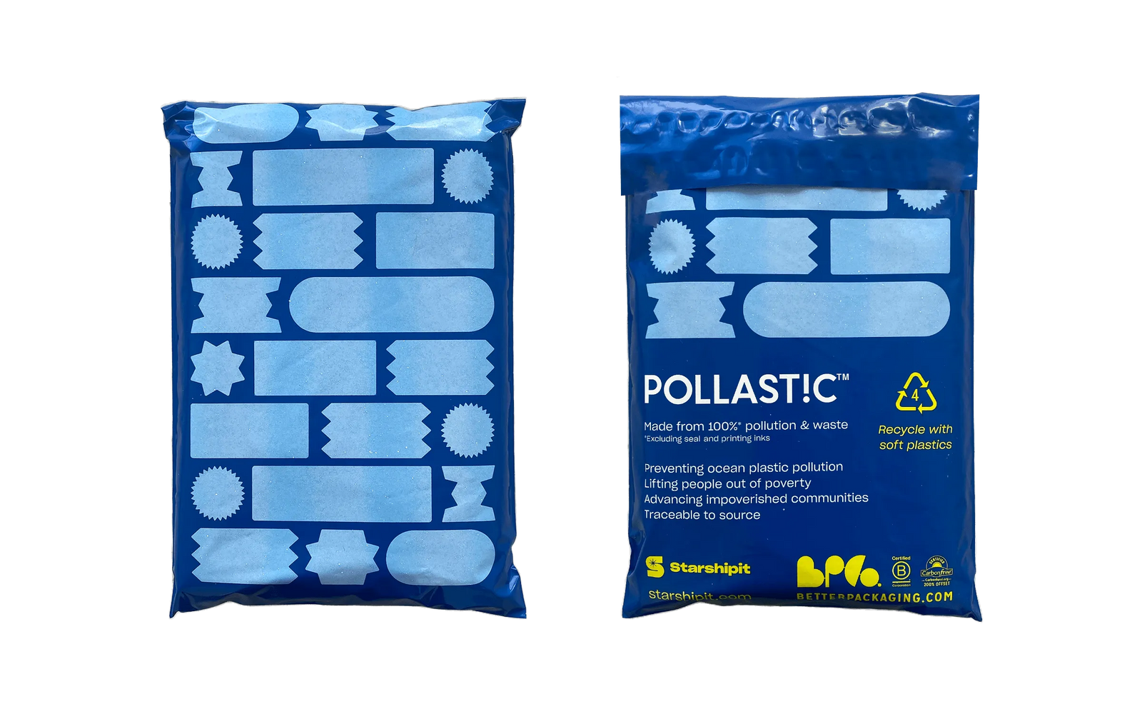 Two blue packages bags with branding and text on a white background