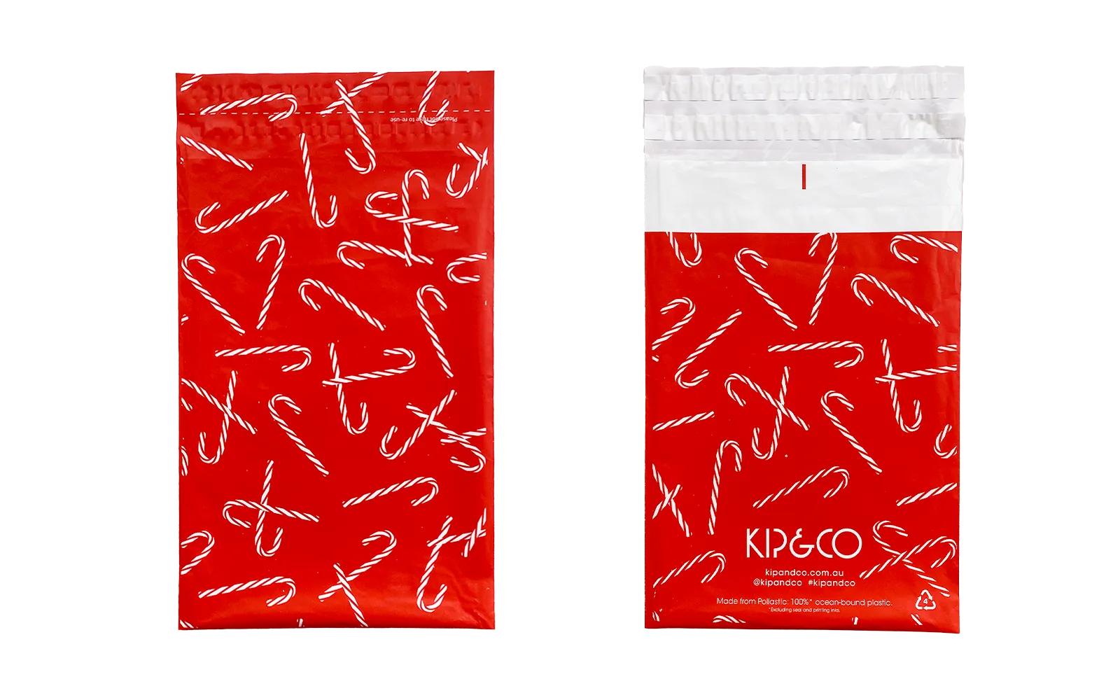 Two red packages with white text and a visible brand logo on a white background
