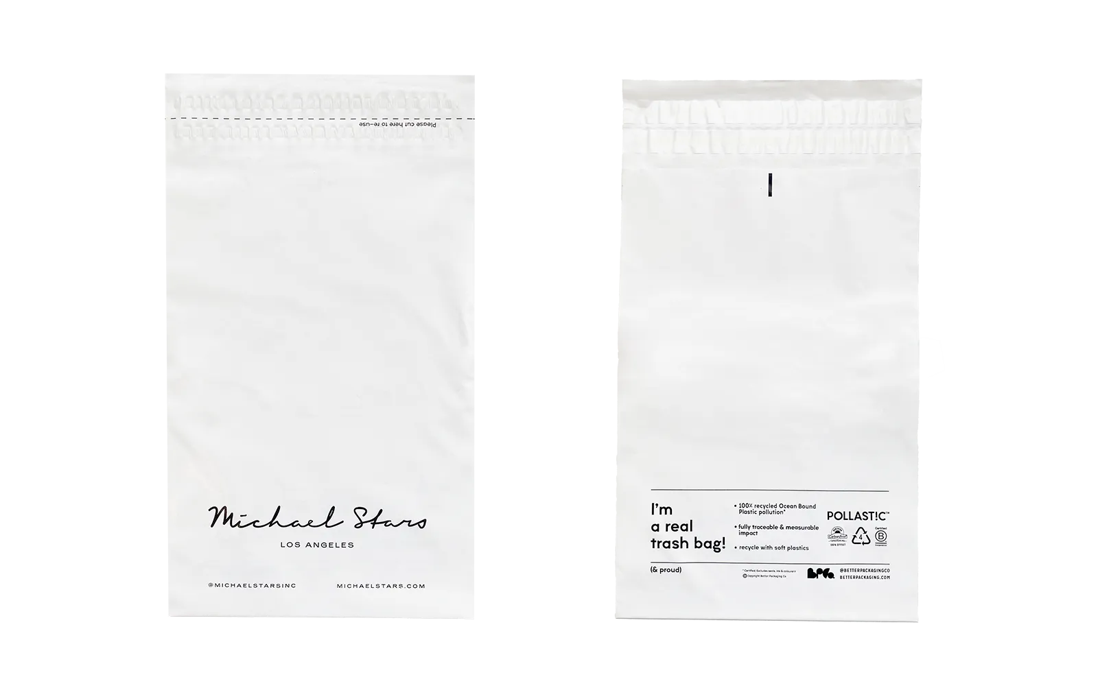 Two white bags with text and branding on a white background
