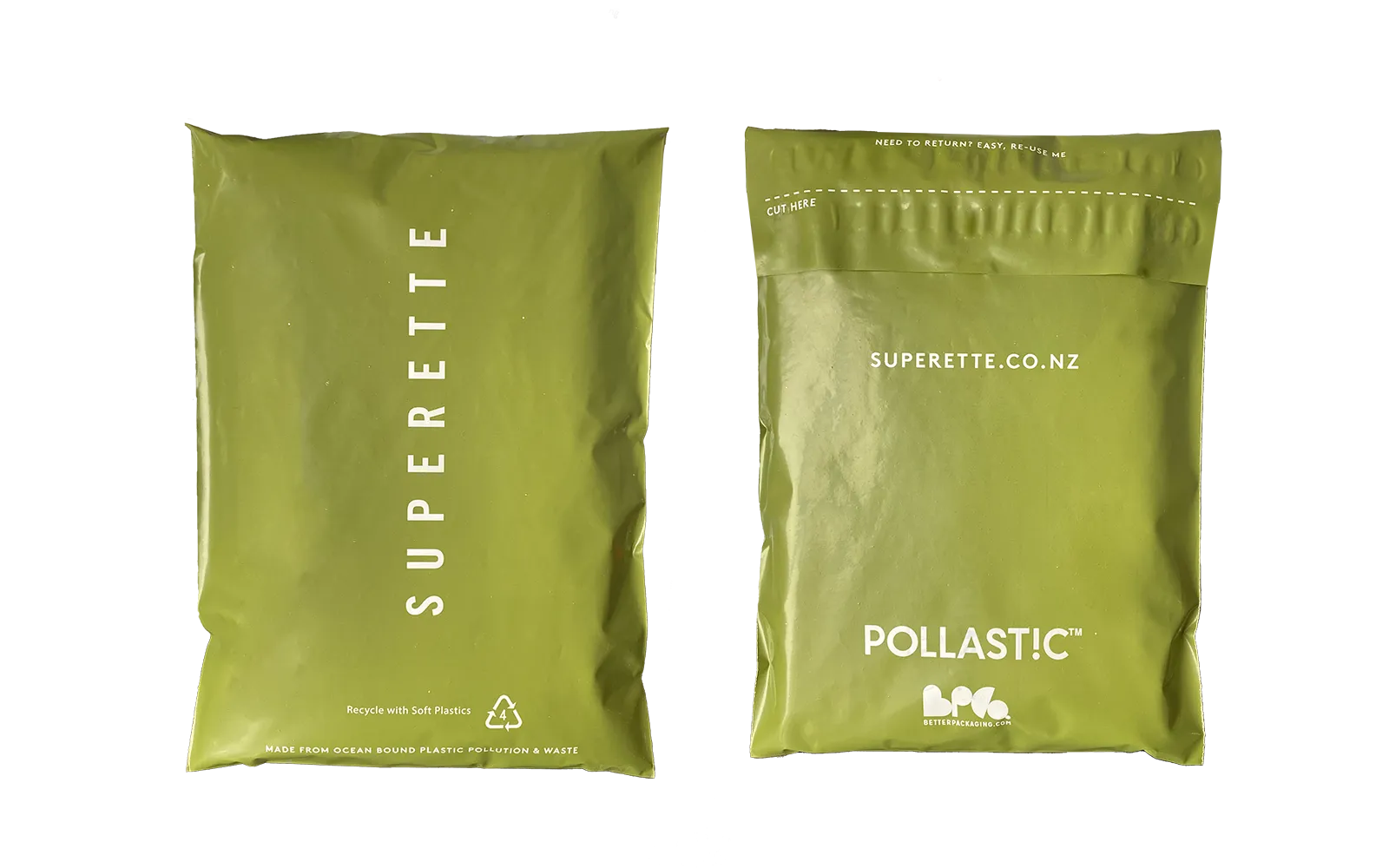 Two green packages with 'Superette' and 'Pollastic' branding on a white background