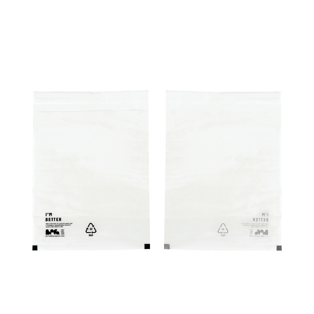 Front and back of white Better Packaging glassine bag